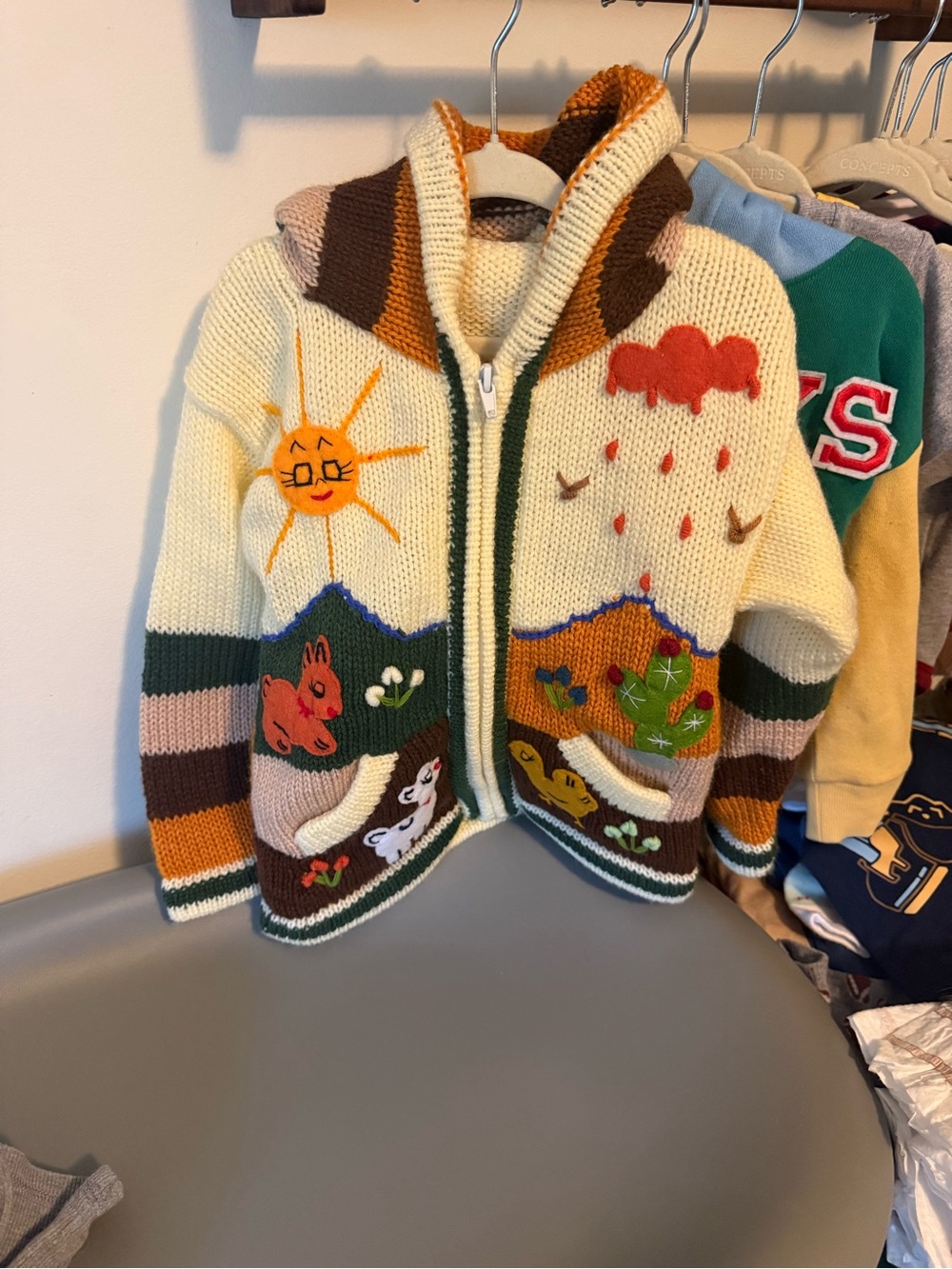 Kids' Cream Multi-Color Zip-Up Animal Knit Jacket